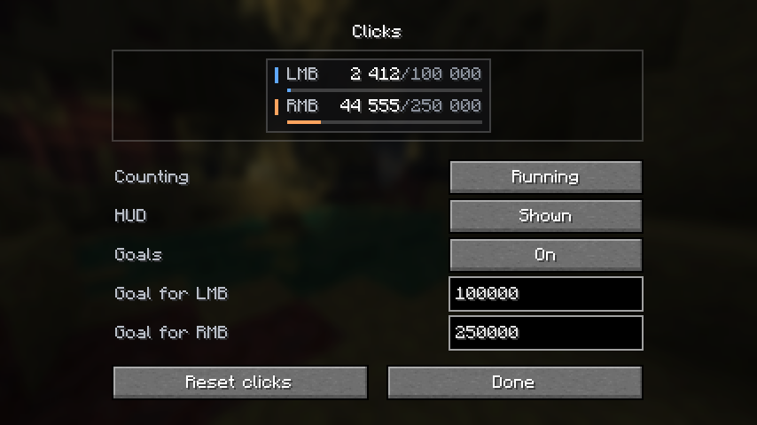 Clicks settings: separate left and right click counters, goals, and a live HUD preview. Настройки Clicks: счётчики ЛКМ и ПКМ, цели и предпросмотр панели.