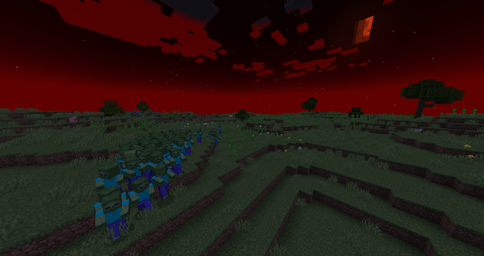 A group of horde zombies tracking the player down with the new 1.3.1 horde night sky renderer in the background.