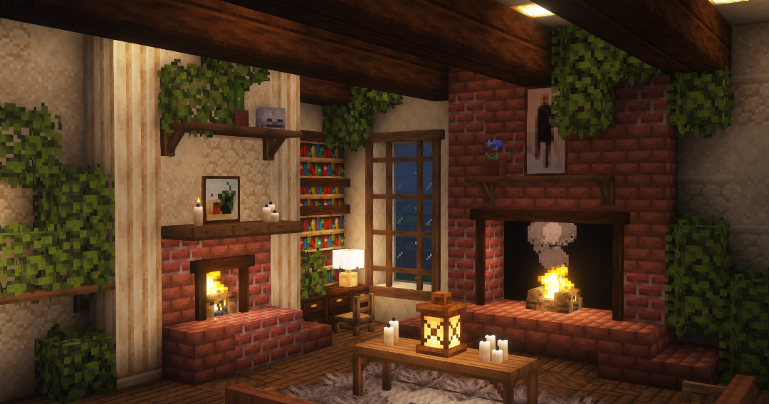 A cozy living space with multiple fireplaces and plants, creating a warm and inviting atmosphere.