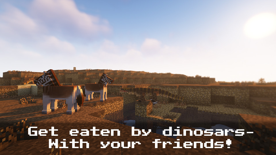 The sun sets over a herd of quagga grazing in a field next to a small dinosaur in a pond, with the text "Get eaten by dinosaurs- with your friends!" superimposed over the image.
