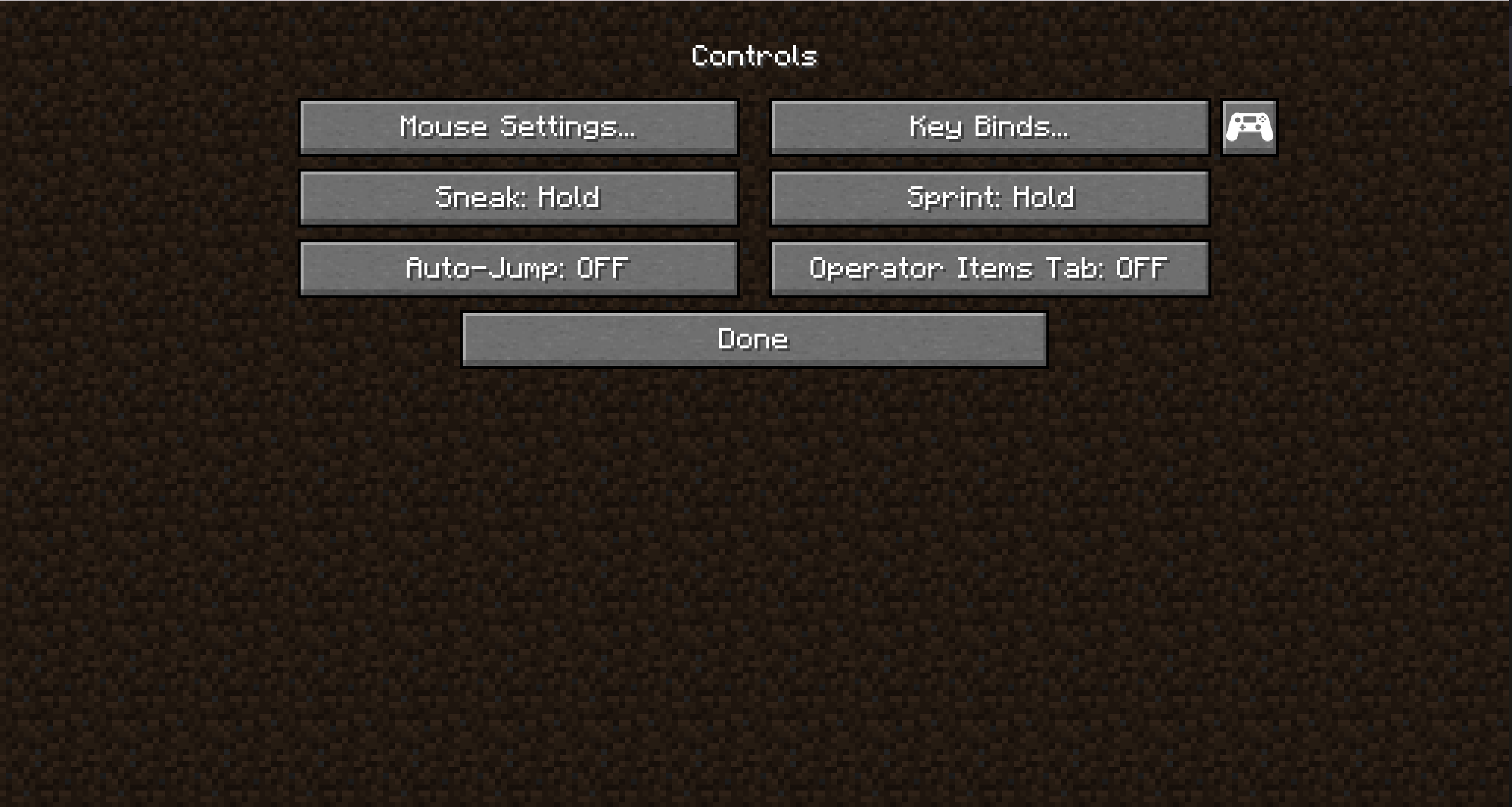 The main controls page for Minecraft.