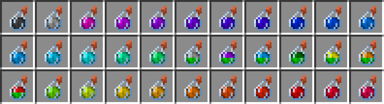 A Minecraft-inventory style 11x3 grid featuring 33 potions from the voidsplash Rainbow pack