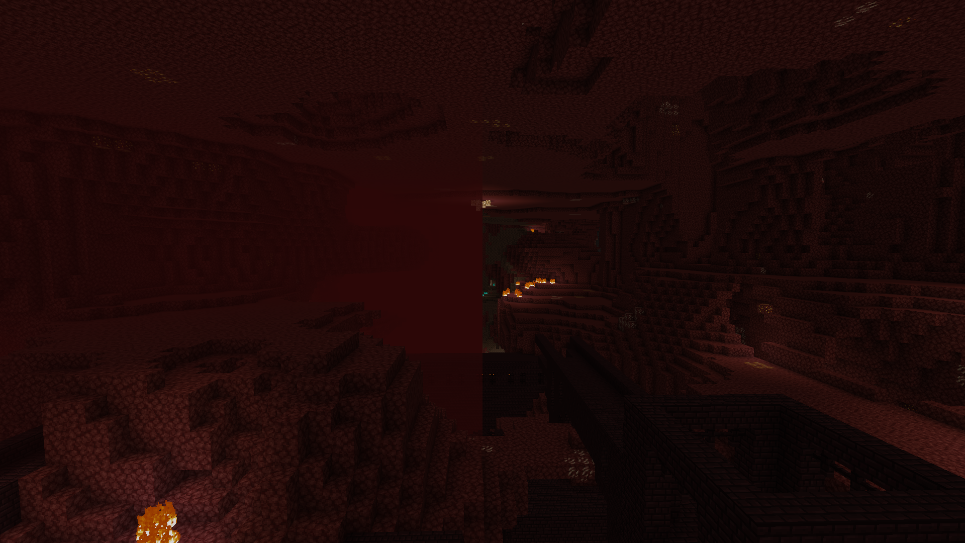 left: nether view limited by fog, right: extended view without fog