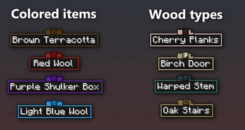 Tooltips for colored blocks and different wood types