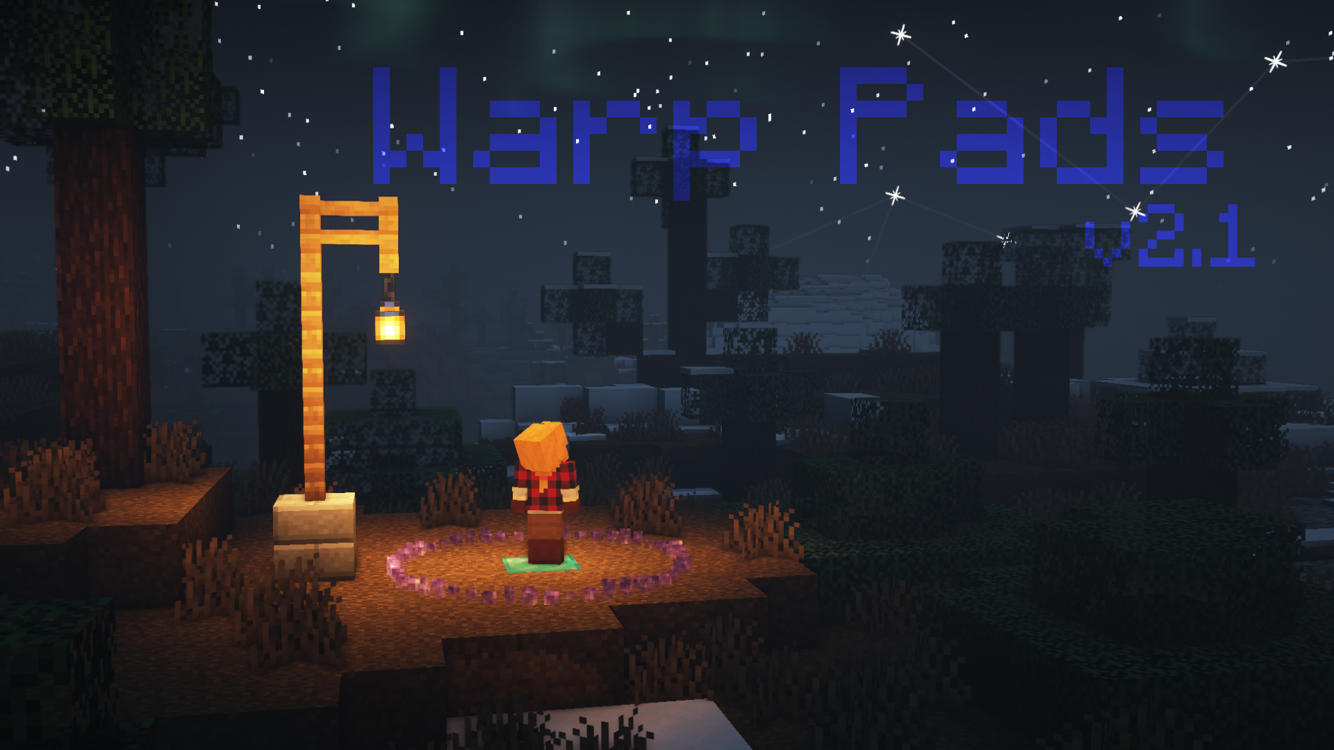 Screenshot of a player on a warp pad next to a lamppost, with the text "Warp Pads v2.1" in the sky.