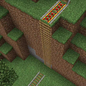 A player in a minecart going up a ladder