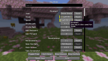 Key Binds Screen with Controlling