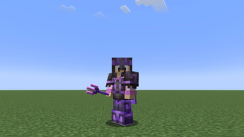 Netherite armor with amethyst flow armor trim + Trident