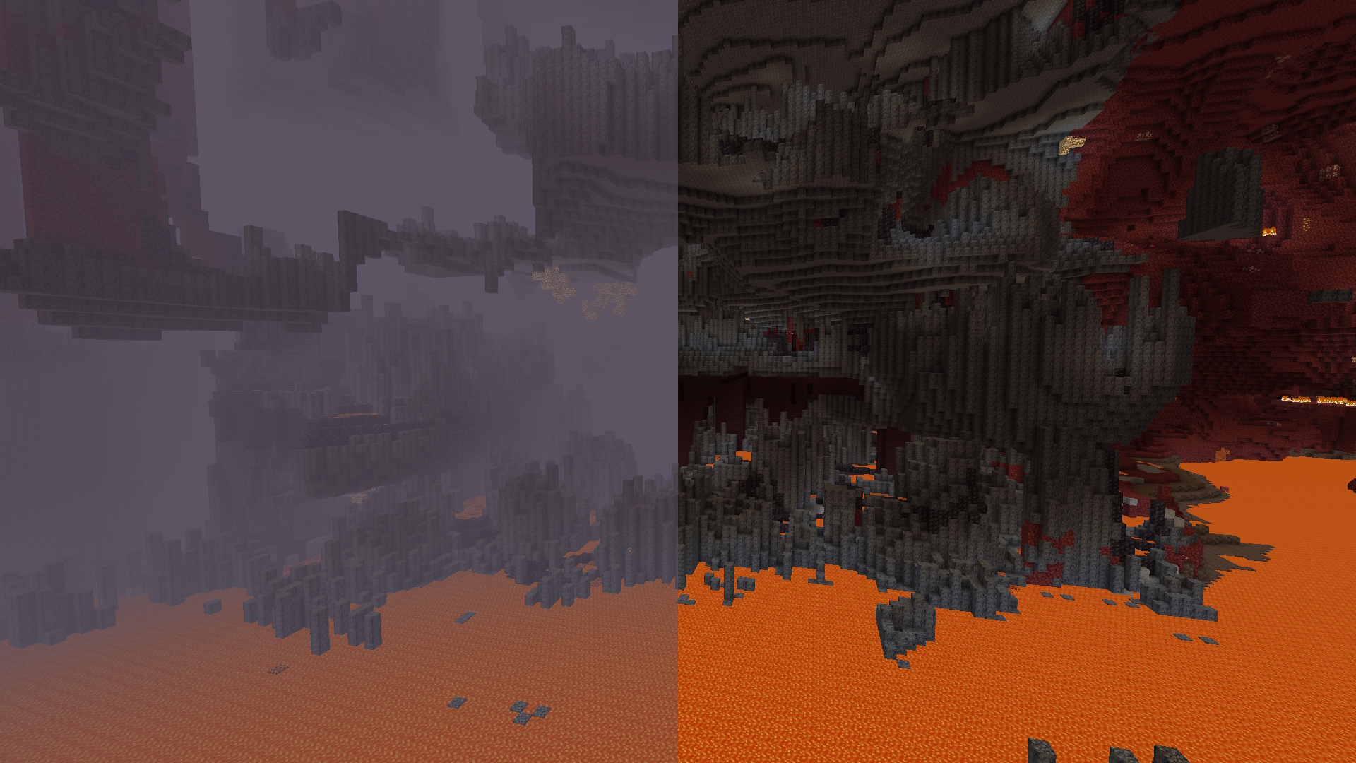 A screenshot depicting a Nether, where the right side is fogged, and the left is clean thanks to the mod.