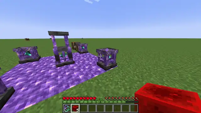 The completed ritual circle: four Resonators on a five by five amethyst floor with beams converging on the Quantum Core in the middle.