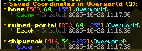 All list of saved coordinates