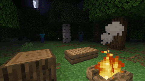 Zombies approach your campfire at night, freeze, panic, and flee in fright.