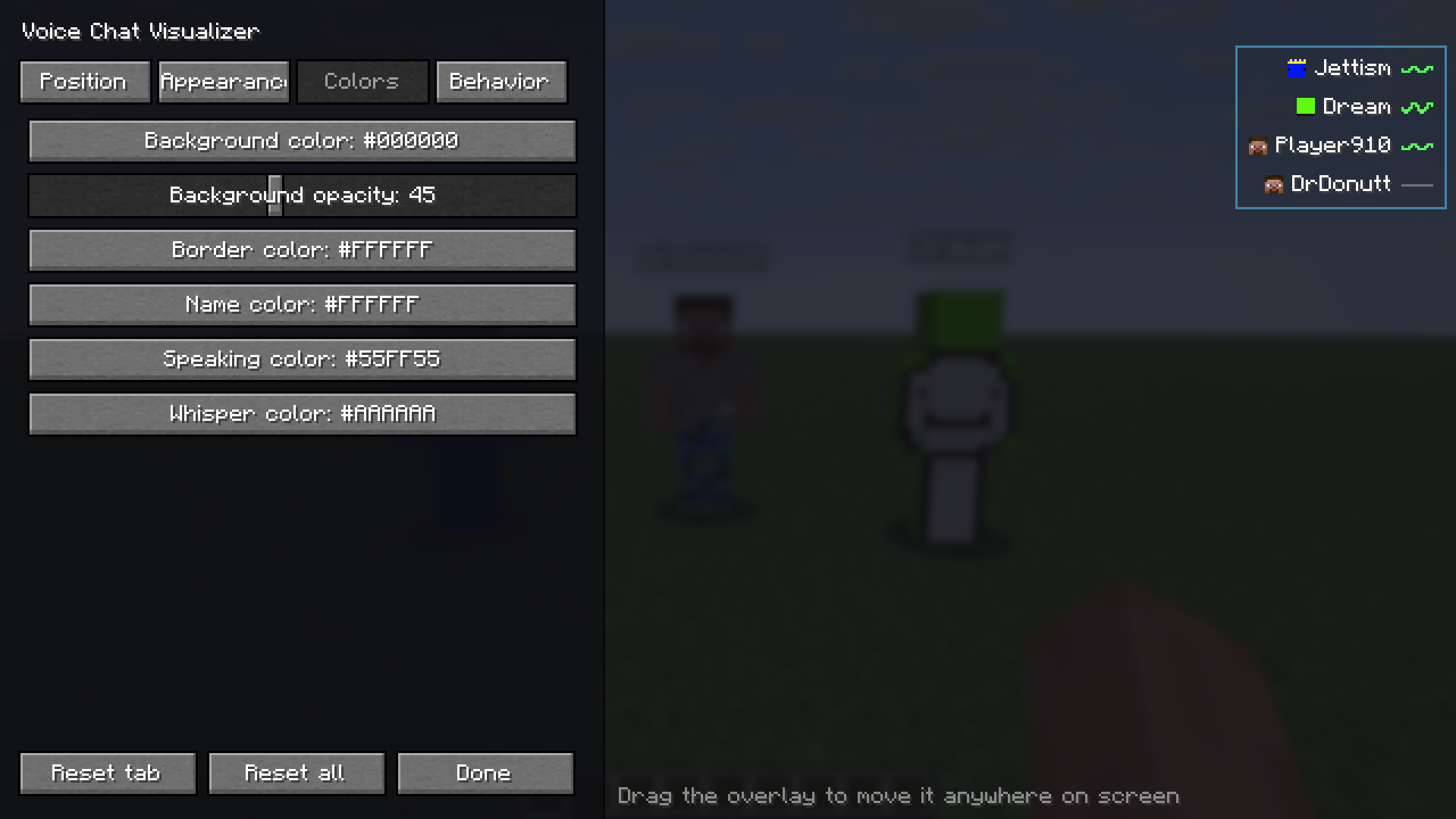 Configurator on the Colors tab, listing colour options for background, border, name, speaking and whisper