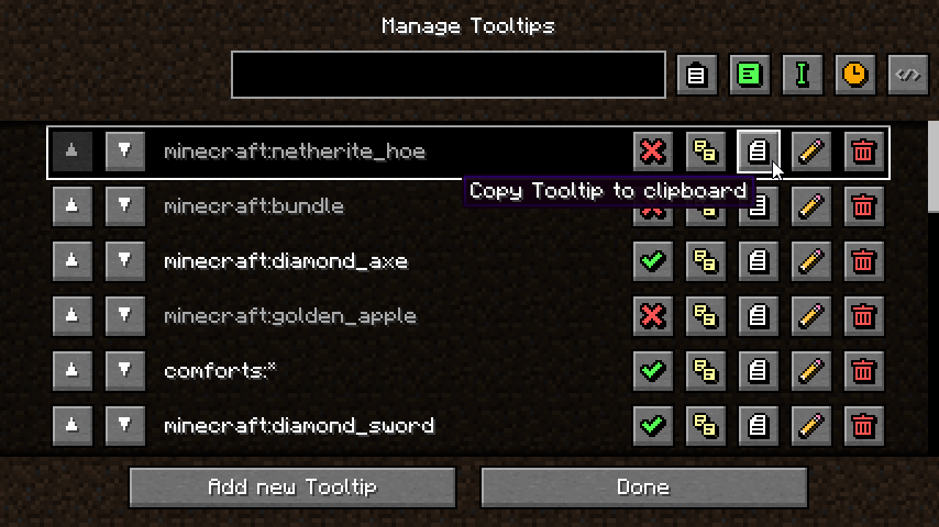 Available tooltip list screen functions