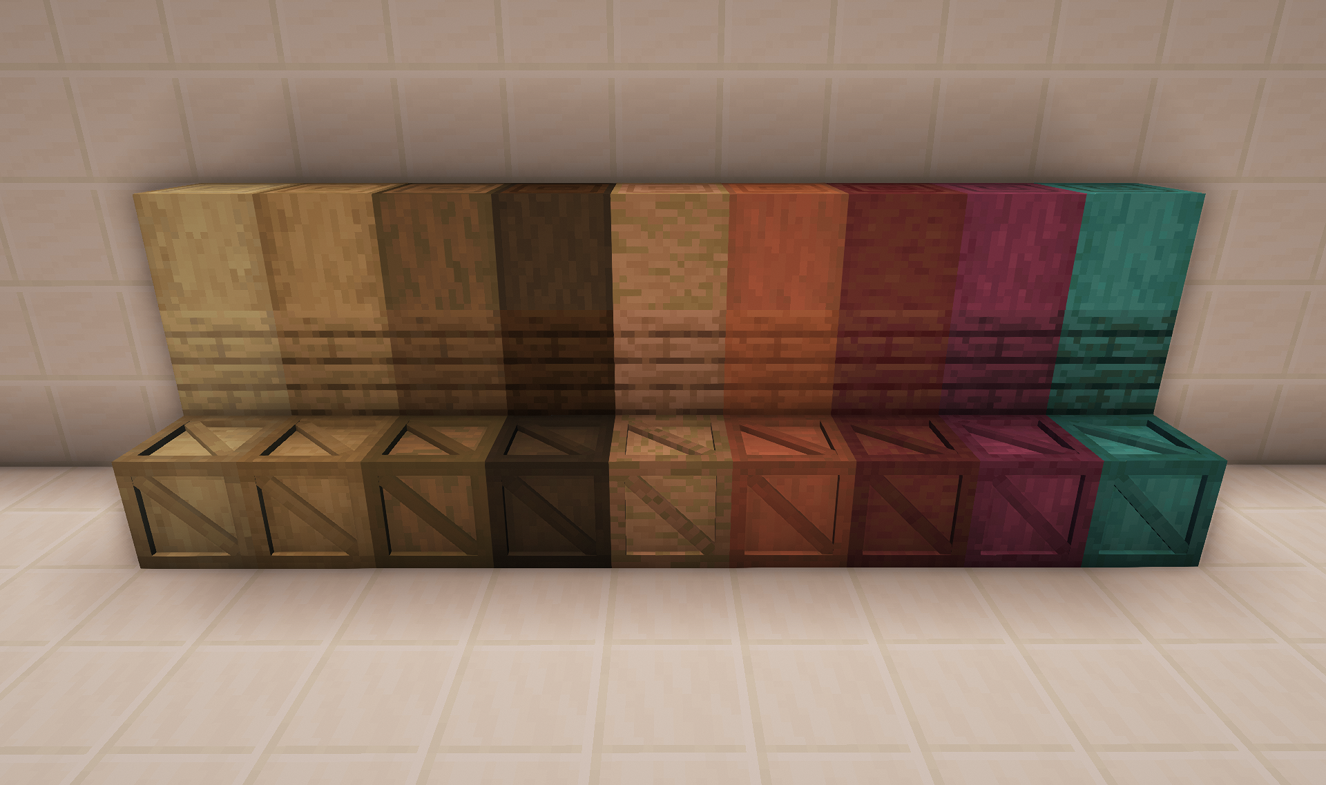 All of the crates compared to vanilla wood textures with Prismarine Shaders.