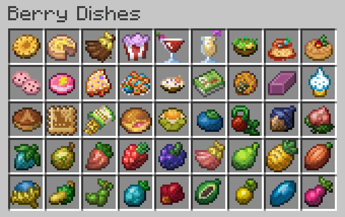 Creative inventory screen with many of the food items added by the mod being displayed