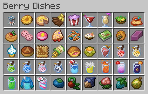 Creative inventory screen with many of the food items added by the mod being displayed