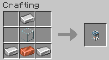 Crafting Table interface, showing the recipe of the Berry Blender: One iron ingot at the top center, a glass block in the very middle, and a copper ingot at the bottom center surrounded by one iron ingot on each side.