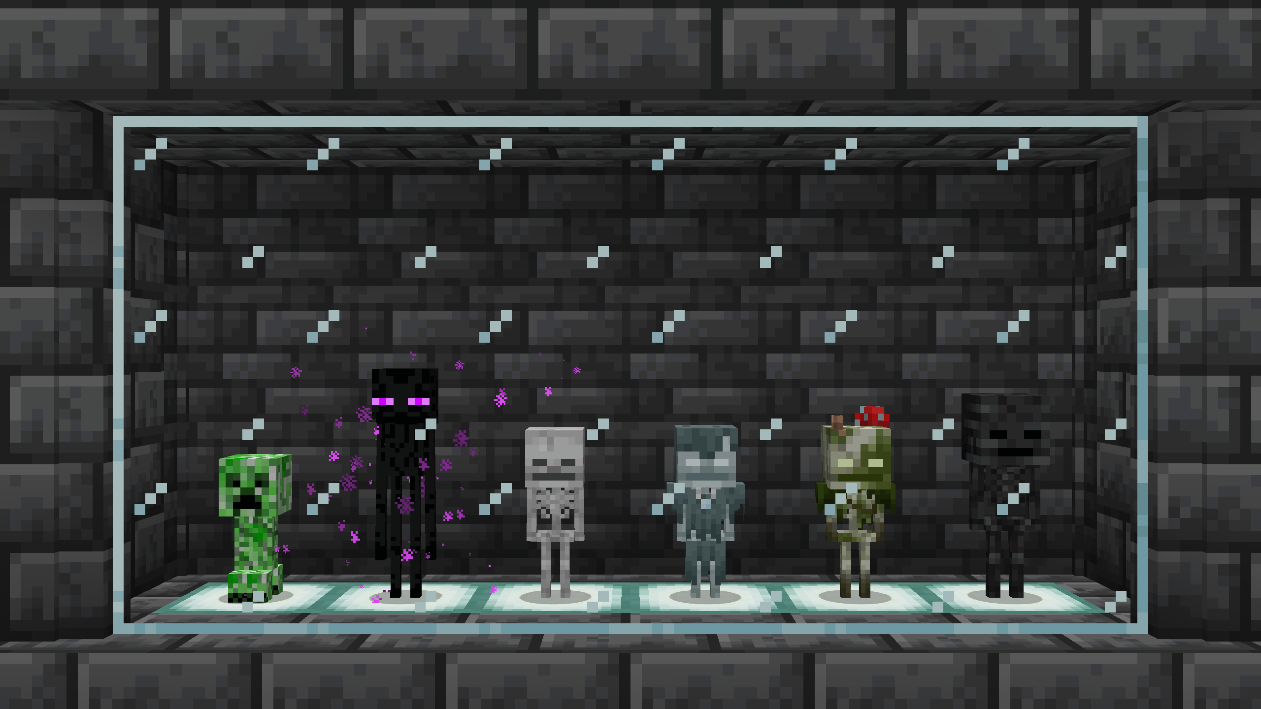 All baby mobs added by the mod side by side. From left to right: creeper, enderman, skeleton, stray, bogged, wither skeleton
