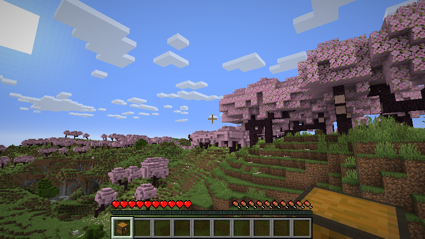 A screenshot of a vast cherry grove in a Minecraft world, with the effects of Ennui's Bigger Inventories being noticeable.