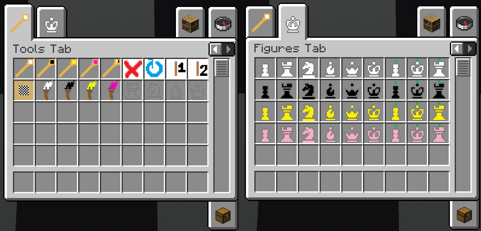 This Image shows the 2 new Creative Inventory Tabs. One for the new Tools that come with this Mod. And one just for all the Chess Pieces.