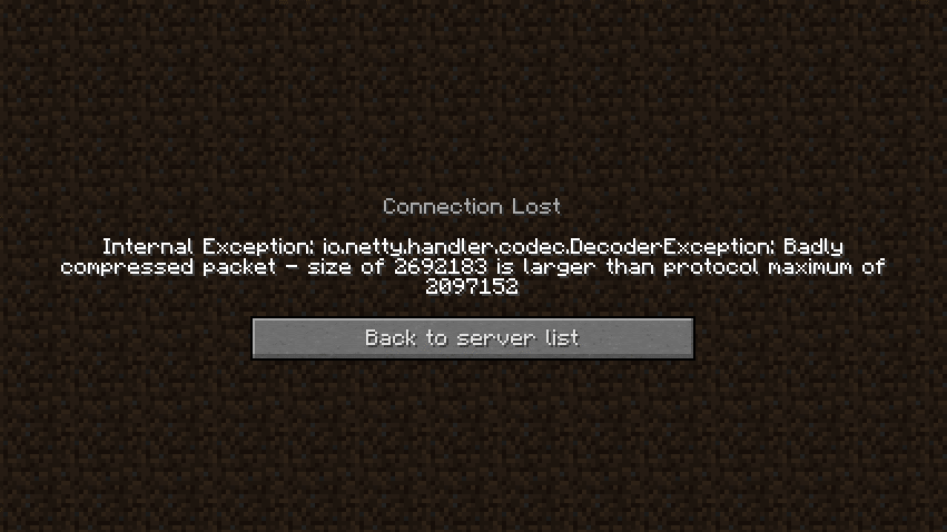Screenshot of a error caused by a packet being larger then minecraft's default That this mod fixes. Source: tfarecnim (XL Packets' creator)