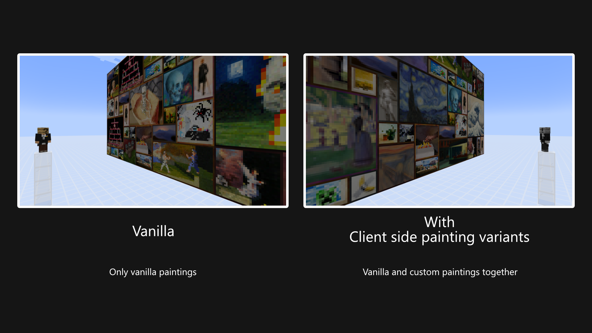 Comparison of viewing the same paintings from an unmodded and modded client. Custom paintings are only visible on the modded client, but show up as normal paintings on the unmodded client.