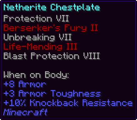 A netherite chestplate enchanted with higher level vanilla enchantments as well as some new enchantments