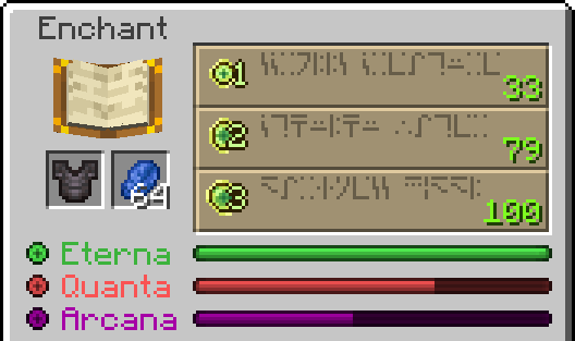 The new enchanting table interface, allowing up to level 100 enchantments