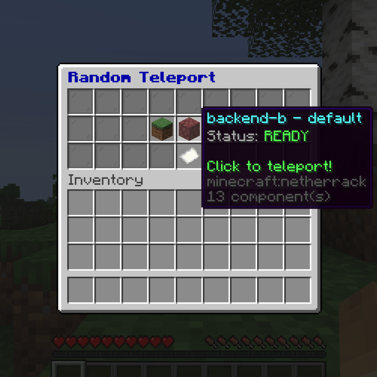 The clickable /rtp menu: players pick a world or region by clicking, no commands to memorize