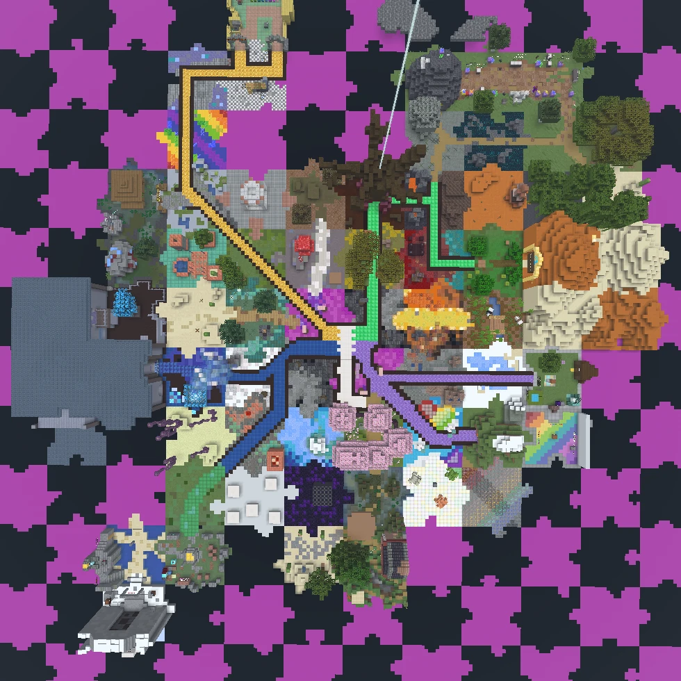 A jigsaw puzzle with various themed biomes in each piece.