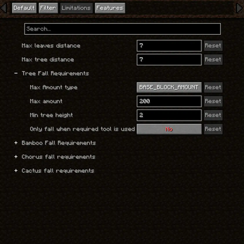 Limitations tab of server-side settings