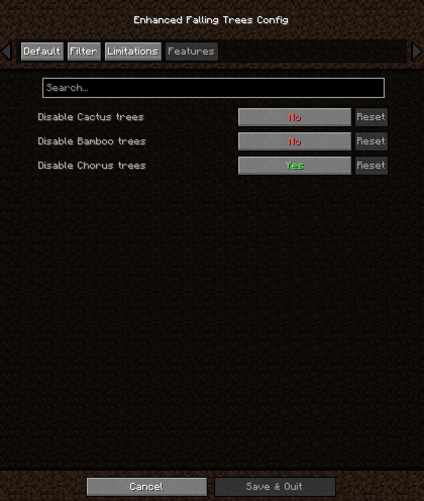 Features tab of server-side settings