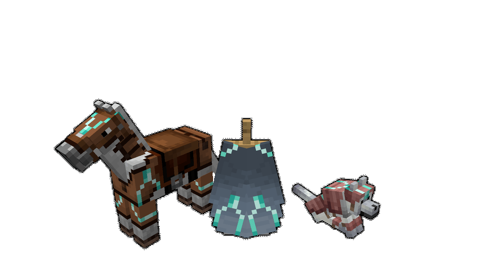 Tide, Snout, Raiser, Sentry, Eye, Dune, Vex and Bolt Trim showcased on Elytra, Horse Armor and Wolf Armor