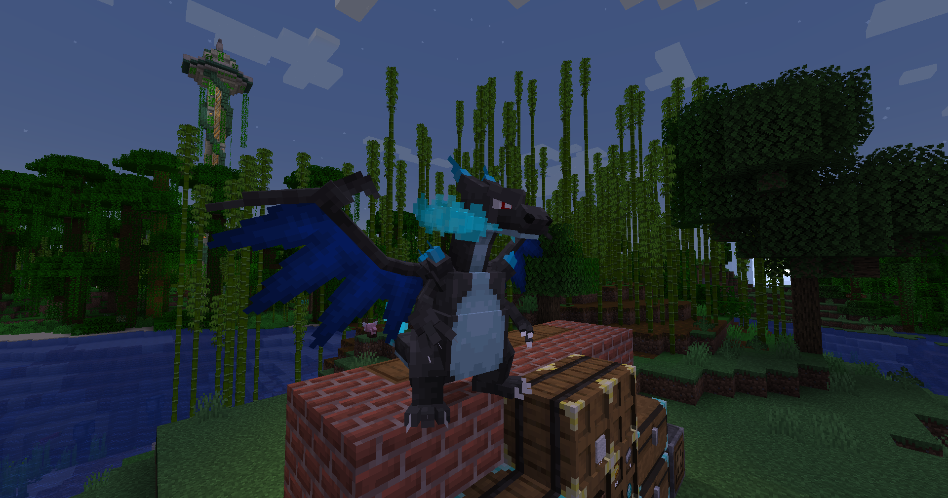 Mega charizard with a tower in the background