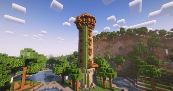 A wizard tower looming over a forested landscape. A mountain sits in the background.