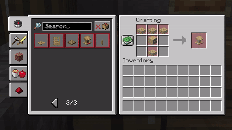 The Lectern crafting recipe preview in the Recipe Book. Cycles through all wood types and both types of Bookshelf.