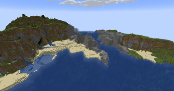 Beaches and stony shores can generate at the foot of tall cliffs. Strand biome variants can sometimes be found here too.