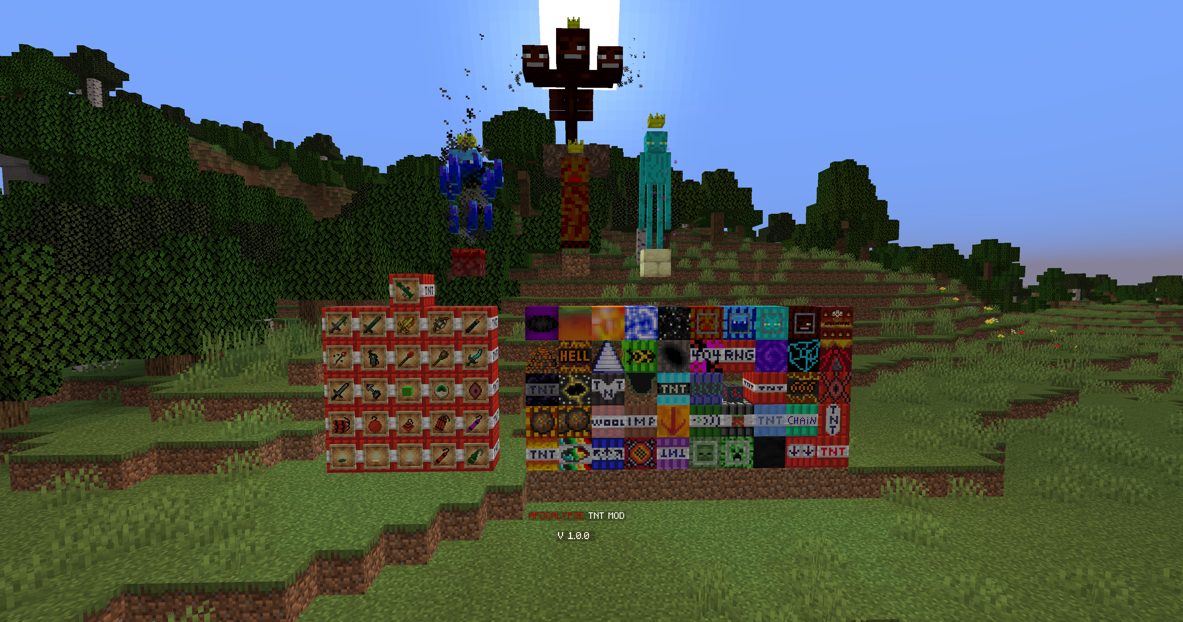 Image of all the TNT and items added in this mod as well as the 4 bosses. As of version 1.0.0.