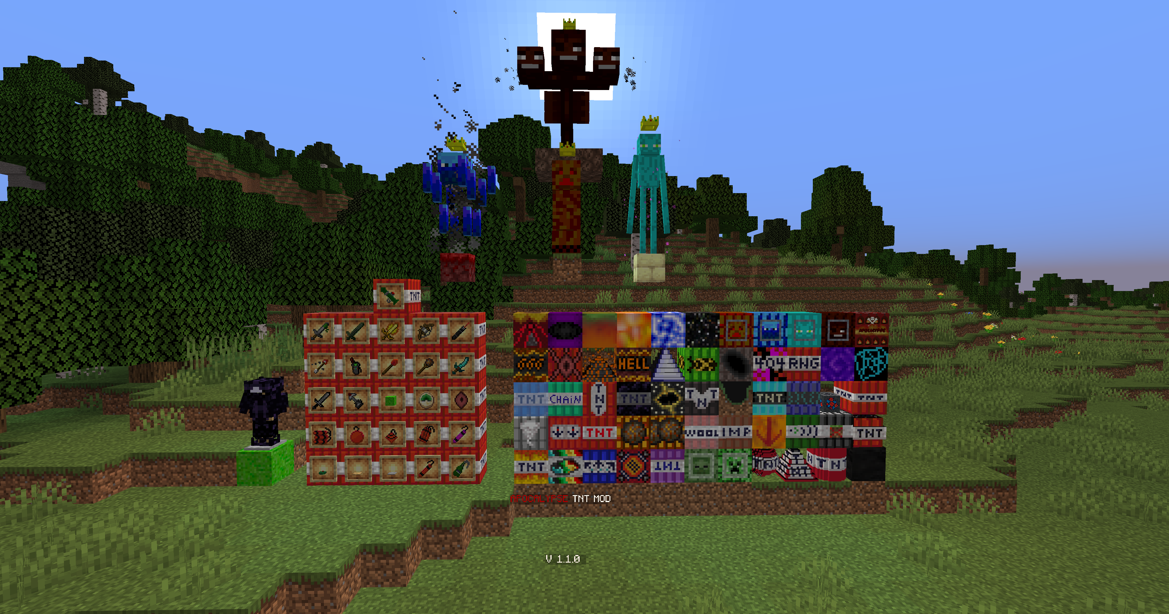 Image of all the TNT and items added in this mod as well as the 4 bosses. As of version 1.0.0.