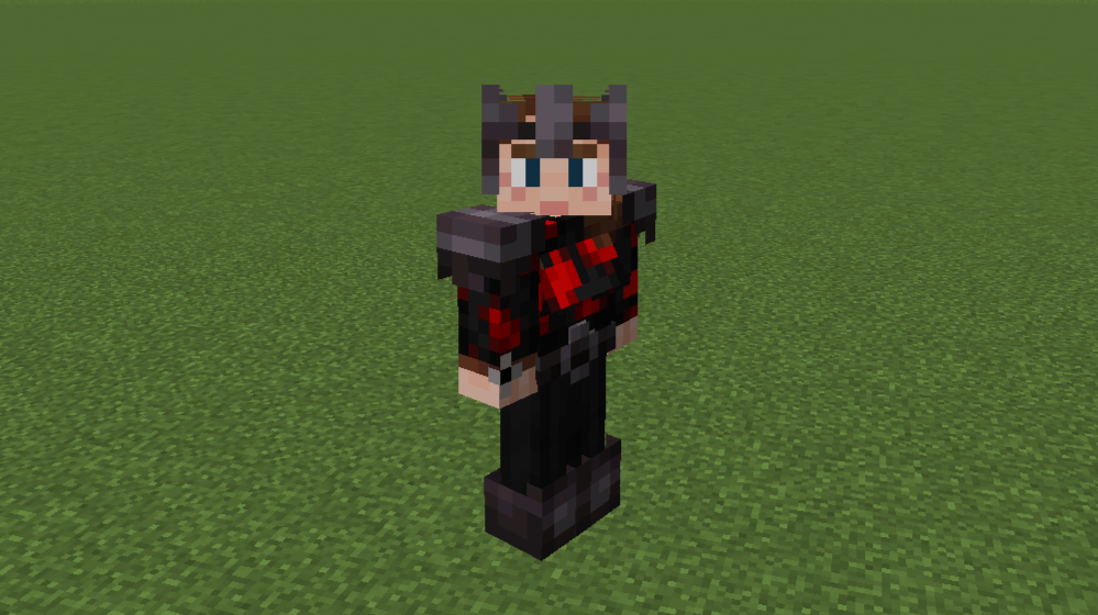 Zoe a.k.a. Antikyth, the author of this resource pack, wearing the retextured netherite armor in a superflat world.