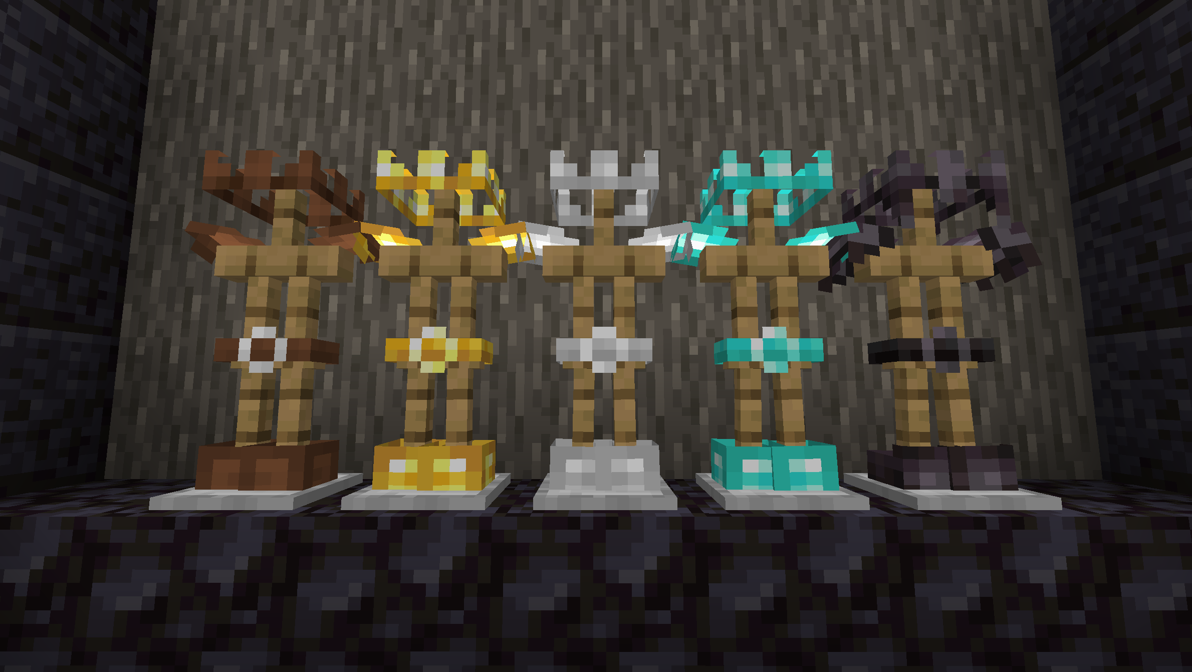 5 armor stands showcasing the retextured armors. From the left: leather, gold, iron, diamond, and netherite.