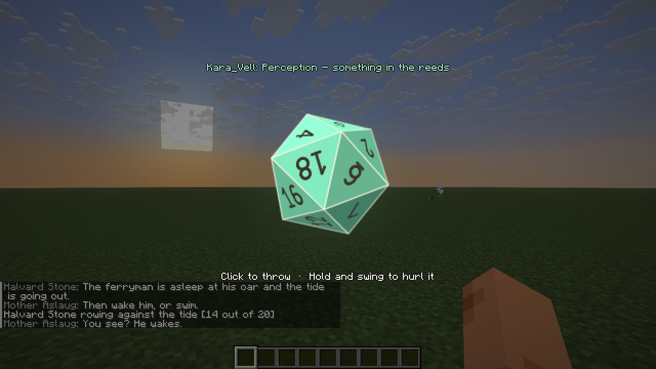 a die waiting to be thrown over a roleplay conversation in the chat