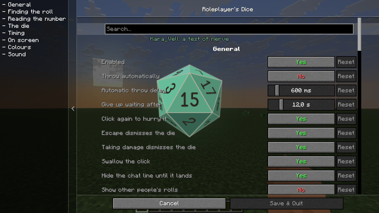 the settings screen, transparent, with a die throwing itself behind it