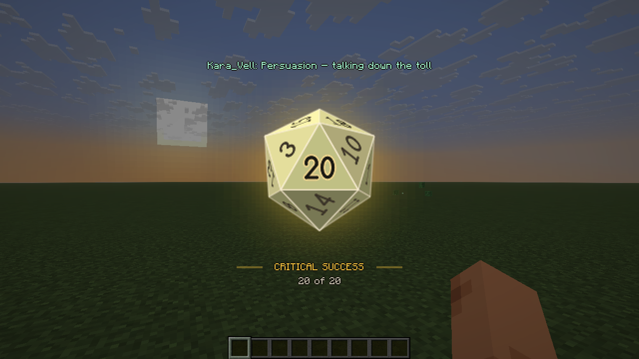 a twenty sided die glowing gold on a critical success, the verdict written under it