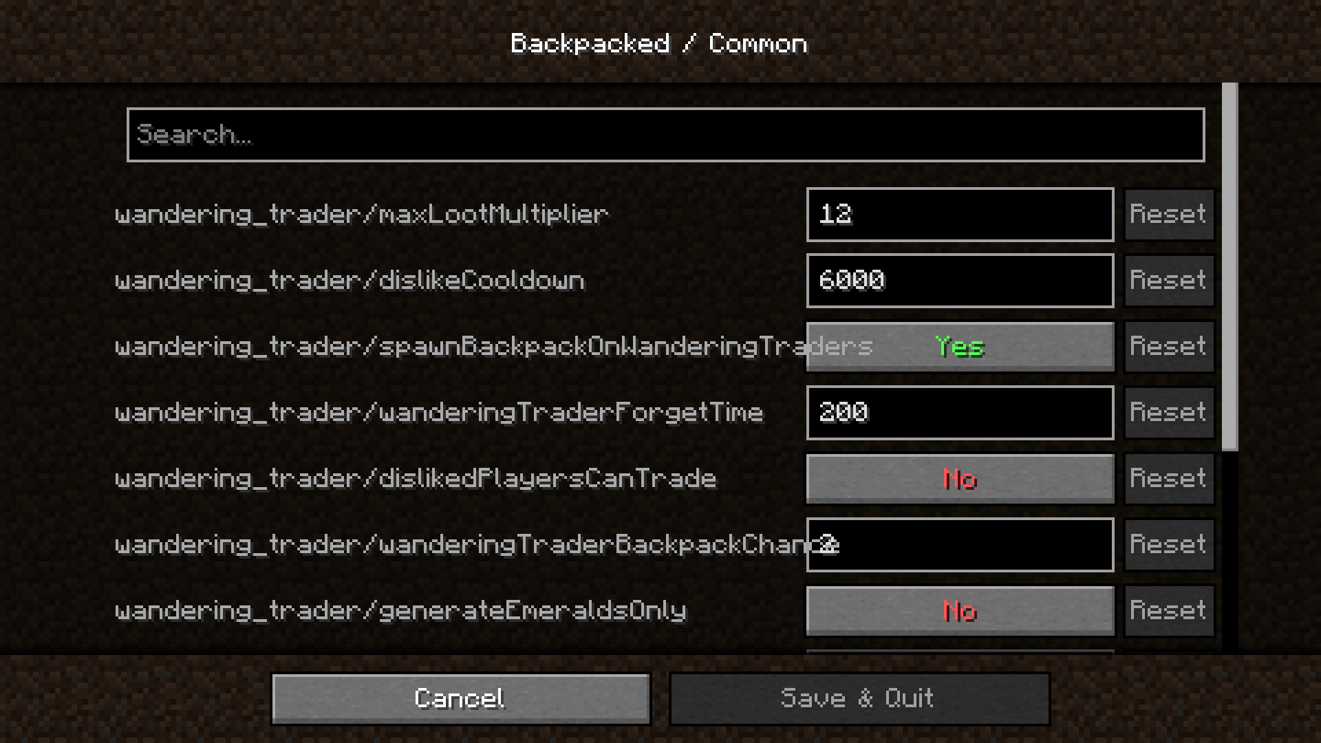 A config screen opened to Backpacked / Common