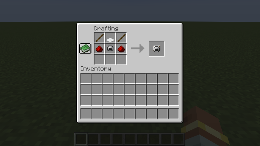 The crafting recipe for the item. From top left; stick, carpet, stick, redstone, iron helmet, redstone