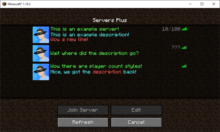 This example shows how your server list will look like after installing the mod for the first time