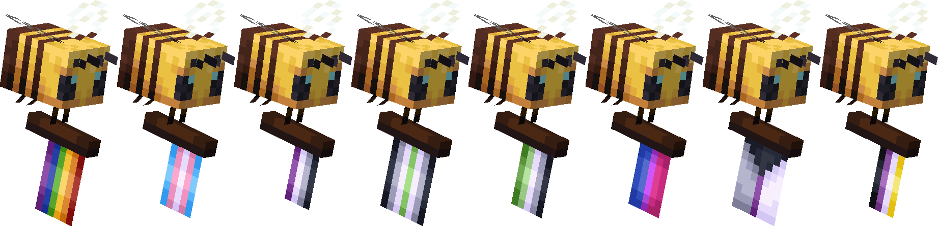 A series of Minecraft bees carrying pride flags while looking to the right.