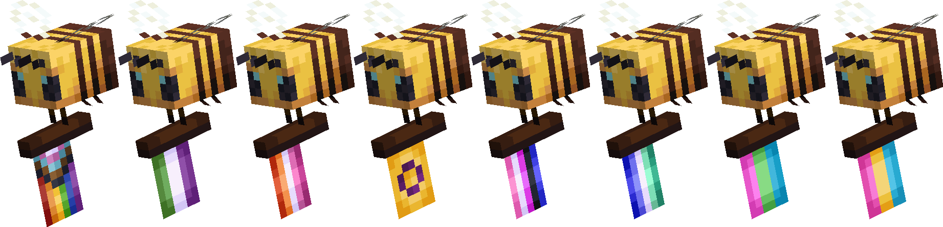 A series of Minecraft bees carrying pride flags while looking to the left.